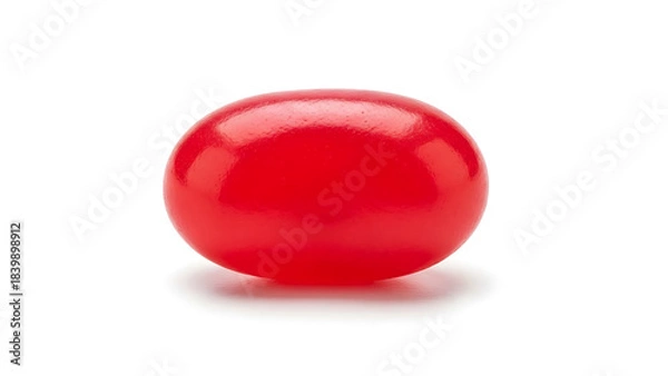 Fototapeta A single glossy red bean, or candy, casting a subtle shadow against a white background