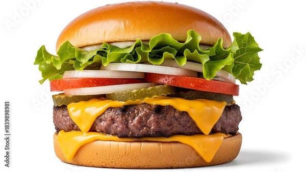 Fototapeta A juicy grilled beef burger with melted cheese, fresh lettuce, tomato, onion, and pickles on a bun