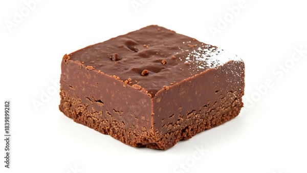 Fototapeta Decadent square of rich homemade chocolate fudge dessert with a dusting of powdered sugar, isolated on white