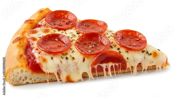 Fototapeta Indulgent slice of hot pepperoni pizza, featuring melted, stringy cheese and a golden, inviting crust