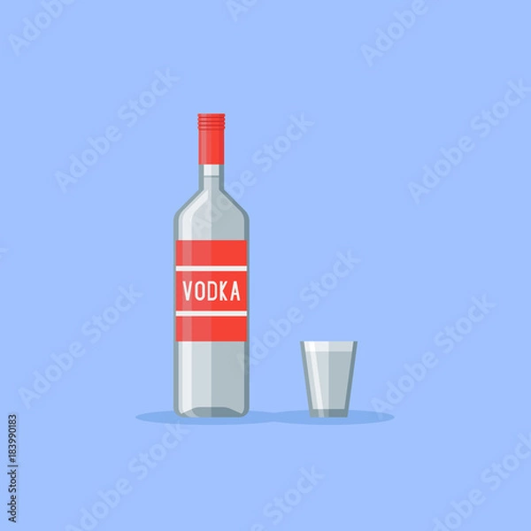 Obraz Classic bottle and shot glass of vodka isolated on blue background. Flat style vector illustration.