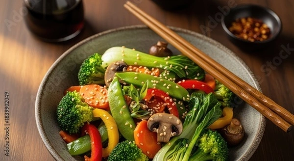 Fototapeta Close up shot of a bowl of stir fried vegetables with chopsticks on top