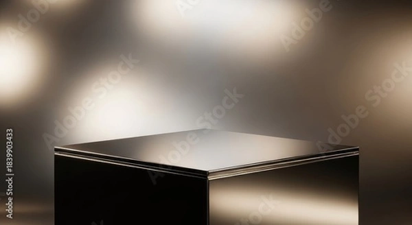 Fototapeta Metallic cube platform against blurred background with soft lighting
