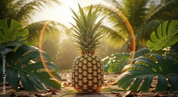 Fototapeta A pineapple surrounded by foliage in a tropical setting at sunset