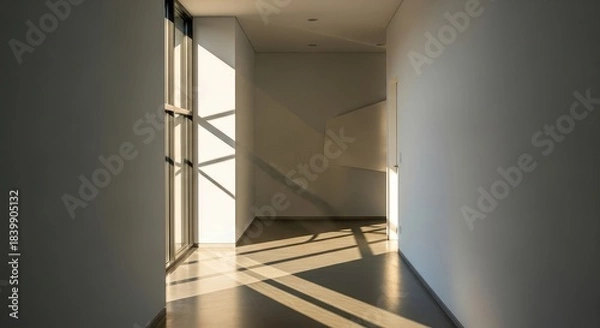 Fototapeta Sunlight streaming through window in modern hallway creating light patterns