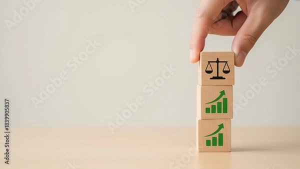 Fototapeta Legal and Growth Insights: Stacked Blocks with Scales Icon and Growth Tags
