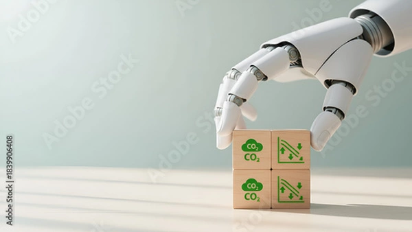 Fototapeta Robotic Hand Stacking Eco Blocks: AI-Powered Teamwork and Sustainable Growth
