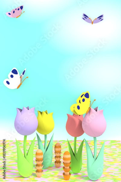 Obraz 蝶が舞うお花畑のペーパークラフト風3DCG縦長風景