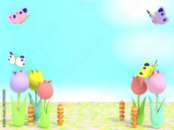 Obraz 蝶が舞うお花畑のペーパークラフト風3DCG風景