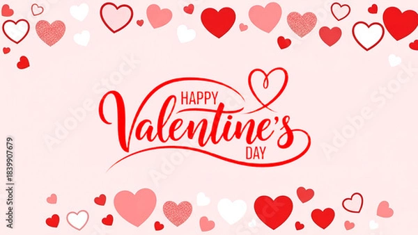 Fototapeta Happy Valentine's Day Red Script Lettering with Pink Heart Border, Romantic Holiday Design