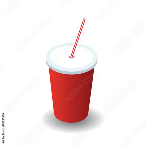 Obraz Isometric red plastic glass with lid and straw isolated on white background