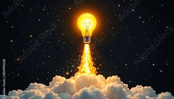 Fototapeta Light Bulb Rocket Taking Off into Starry Night Sky with Bright Clouds and Glowing Particles Displaying Innovation
