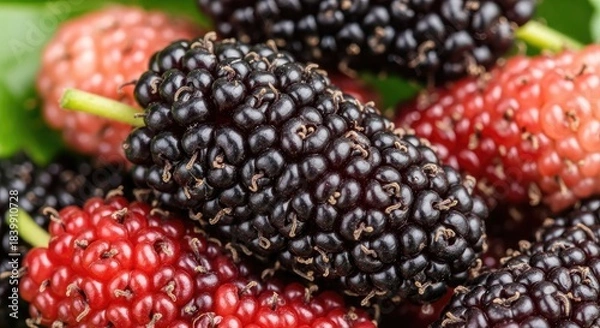Fototapeta Close up of ripe and unripe mulberries with green leaf in background