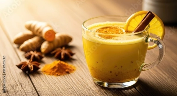 Fototapeta Golden milk with turmeric roots and star anise on a wooden surface