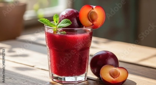 Fototapeta A refreshing plum smoothie in a glass with mint and sliced plum garnish