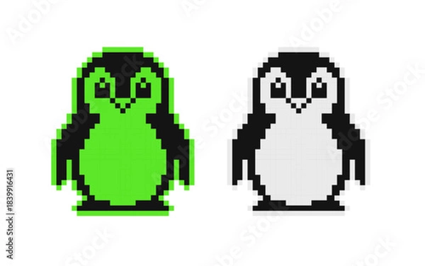 Obraz Pixel Art Penguin Icon: Retro 8-bit Style Digital Linux Mascot with Neon Green and Black and White Color Variants