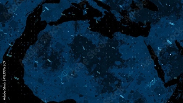 Obraz Blue Digital DNA Patterns on World Map Background with Abstract Data Overlay