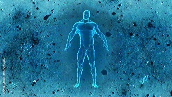 Obraz Glowing Human Silhouette on Speckled Blue Surface Cosmic Imagery