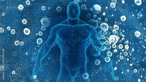 Obraz Digital Human Silhouette Surrounded by Blue Microorganisms Artistic Design