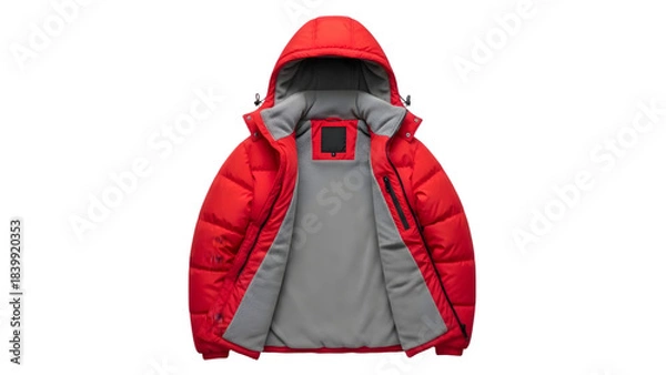Obraz Red puffer jacket with hood open showing interior lining, winter outerwear for men or women, isolated on transparent background