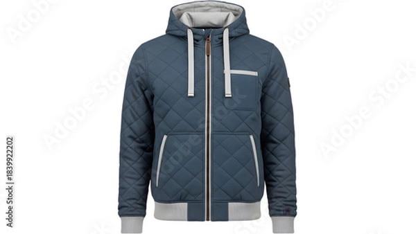 Obraz Quilted blue hooded bomber jacket with light gray accents and zipper closure, isolated on transparent background