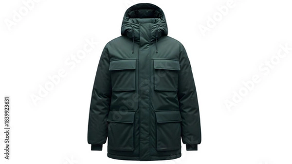 Obraz Mens dark green winter parka with hood and four front pockets, isolated on transparent background