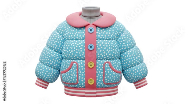 Obraz Cute blue and pink polka dot puffer jacket for children on a mannequin isolated on transparent background