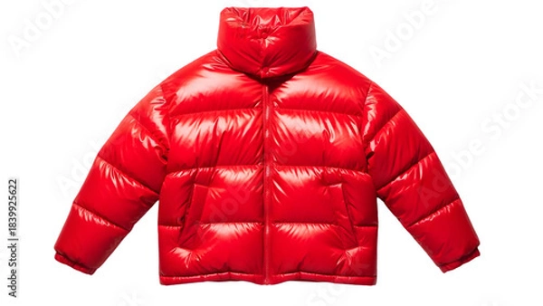 Obraz Shiny red puffer jacket for men or women, winter outerwear, puffy down coat with high collar, isolated on transparent background