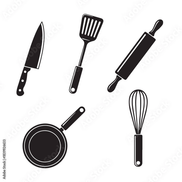 Fototapeta Kitchen utensils silhouette set. Cooking tools vector icons including knife, spatula, rolling pin, pan, and whisk.
