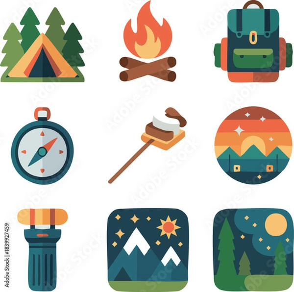 Fototapeta Flat $2D$ Camping and Wilderness Vector Icon Set