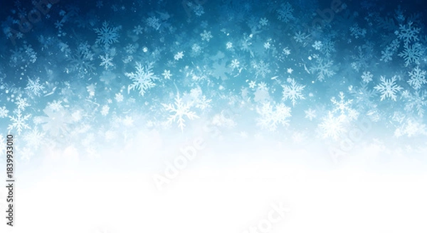 Obraz Abstract blue and white winter background with falling snowflakes and a snow border bottom