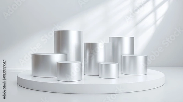 Fototapeta Modern Silver Cylindrical Podiums Display On White Platform