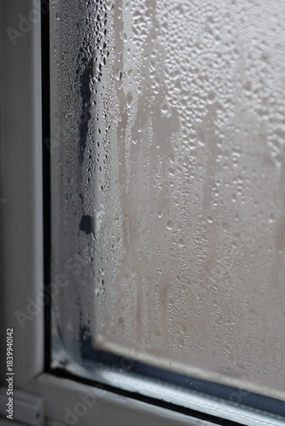 Obraz Water droplets collect on a window surface, showing high humidity. Proper ventilation is necessary to reduce dampness inside homes. This helps in fighting mold and fungi effectively.