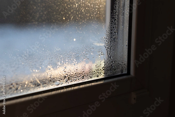 Obraz Condensation forms on a window, showing the need for proper ventilation and humidity management in a home. This highlights the importance of preventing mold and fungi in indoor spaces.