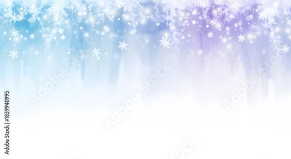 Obraz Abstract watercolor background with winter foliage border and sparkling snow in blue and purple tones