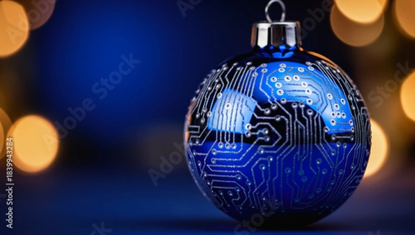 Obraz Futuristic christmas ornament with an ai circuit board pattern representing festive data concept on blue background