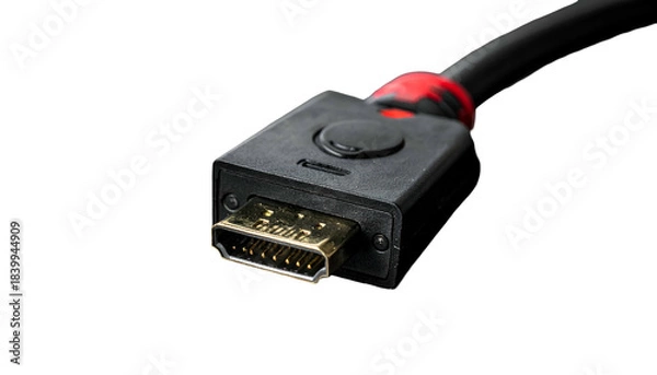 Fototapeta Close-up of a black HDMI connector with gold pins and red accent on a black background