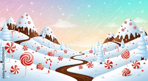 Obraz Sweet winter landscape illustration featuring mountains covered in snow and peppermint candies with chocolate river winding through terrain