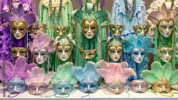 Obraz Colorful carnival masks in pastel colors are displayed on the shelves to celebrate the Mardi Gras carnival.