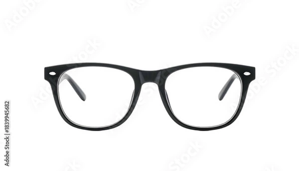 Fototapeta Front view of classic black framed eyeglasses with clear lenses, isolated on black background