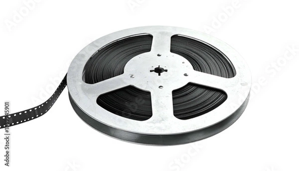 Fototapeta Close-up of a vintage film reel, with strips of film extending from the reel