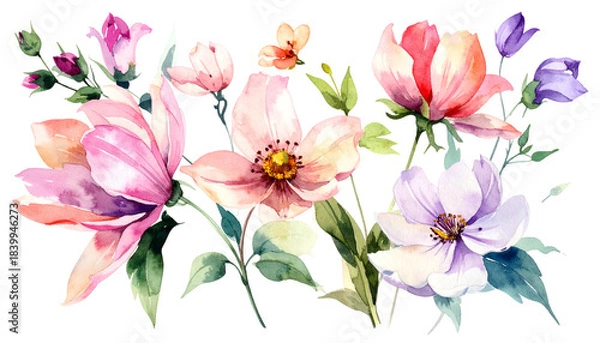 Fototapeta Watercolor painting of various colorful flowers and leaves, arranged on a dark background