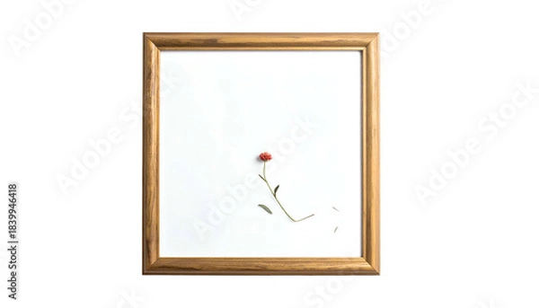 Fototapeta A single, tiny red rose on a stem is in a wooden frame. White background
