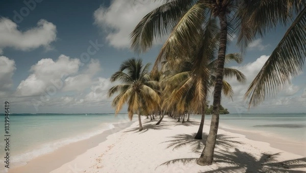 Obraz Tropical beach with palm trees.  Soft light on pristine sand and turquoise water