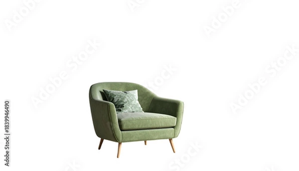 Fototapeta Olive-green armchair with a patterned pillow on a black background, with visible light source