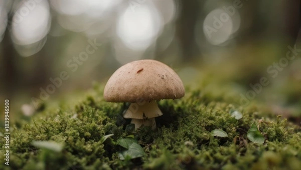 Obraz Close-up of a mushroom atop mossy ground. Soft forest background