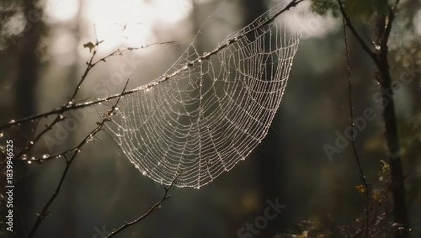Obraz Delicate spiderweb, glistening with morning dew, hangs suspended between branches in a misty forest