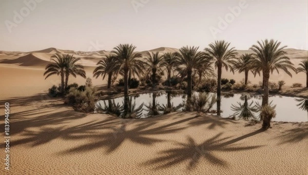 Obraz Oasis in the desert, palm trees, calm pool of water,  sunlight casts long shadows on the sand