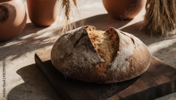 Obraz Rustic loaf of bread on a wooden board, bathed in sunlight, with terracotta pots and wheat stalks in the background