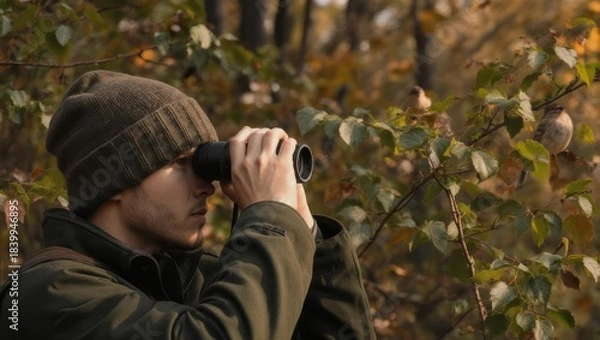 Obraz Man in forest, using binoculars, observes birds